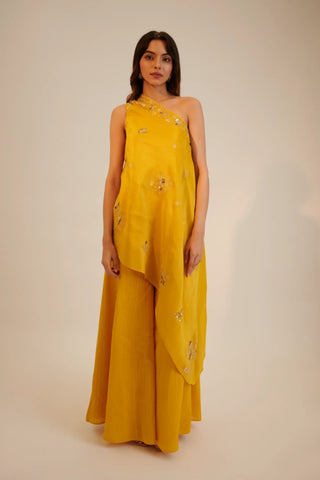 Yellow one shoulder asymmetric top paired with pants