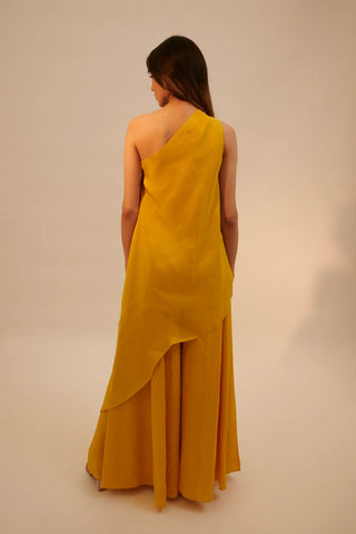 Yellow one shoulder asymmetric top paired with pants