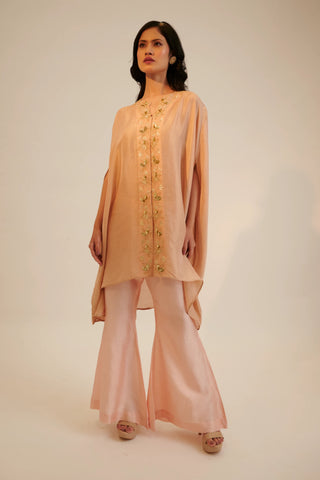 Peach embroidered cape top with bell bottom pant