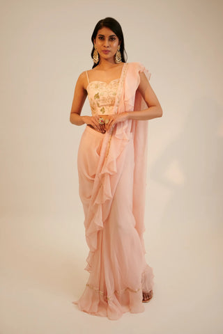 Peach pre draped organza saree with embroidered blouse