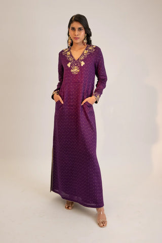 Purple embroidered long tunic with pockets