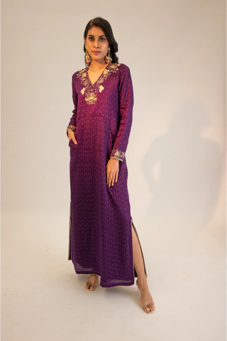 Purple embroidered long tunic with pockets