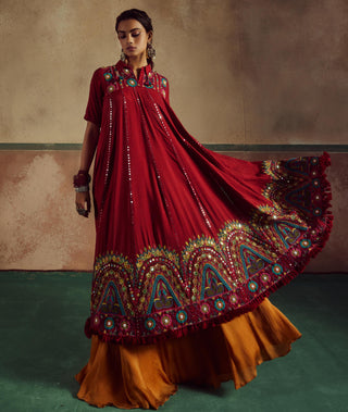 Red short choli anarkali rang with lehenga set