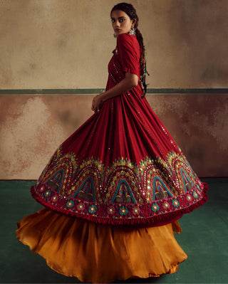 Red short choli anarkali rang with lehenga set