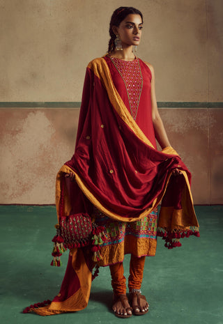 Red embroidered rang  kurta set with churidaar