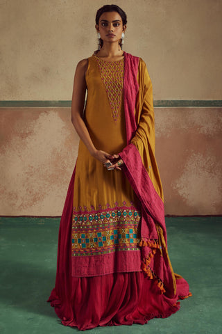 Kesari mustard embroidered kurta set rang with lehenga