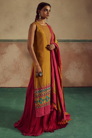 Kesari mustard embroidered kurta set rang with lehenga