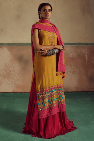 Kesari mustard embroidered kurta set rang with lehenga