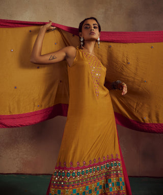 Kesari mustard embroidered kurta set rang with lehenga