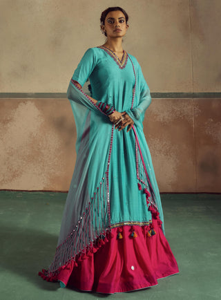 Backless aqua blue rang kurta skirt set