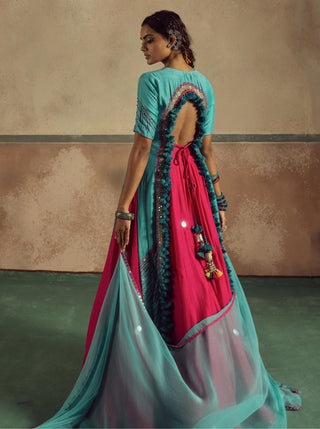 Backless aqua blue rang kurta skirt set