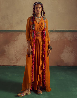 Orange drape dress rang with cape