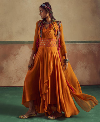 Orange drape dress rang with cape