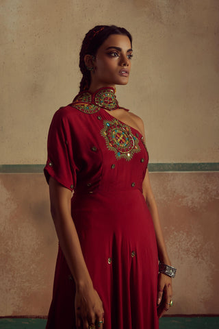 Red one shoulder rang kurta set