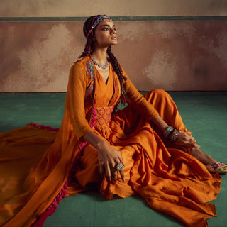 Orange drape dress rang with cape