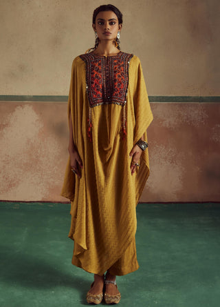 Kesari mustard green asymmetrical cowl rang cape set