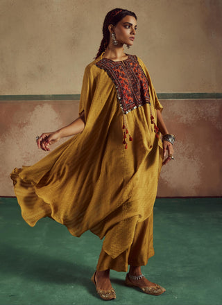 Kesari mustard green asymmetrical cowl rang cape set