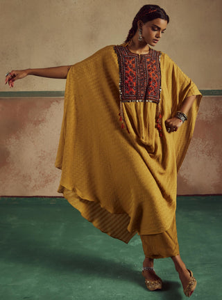 Kesari mustard green asymmetrical cowl rang cape set